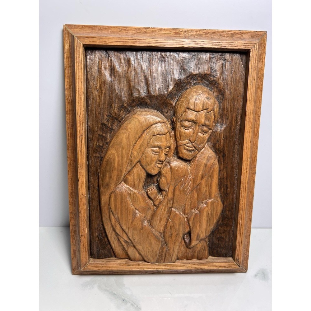 VTG Hand Carved Wooden Plaque Of Holy Family Folk Art